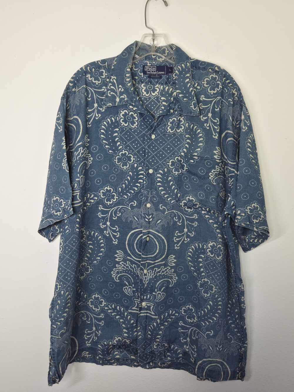 90s Vintage Polo Ralph Lauren Indigo Big Paisley Opencollar 100% Linen Shirt L
